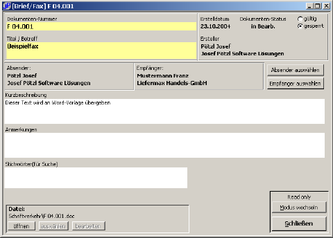 Bildschirmausgabe: Brief/Fax